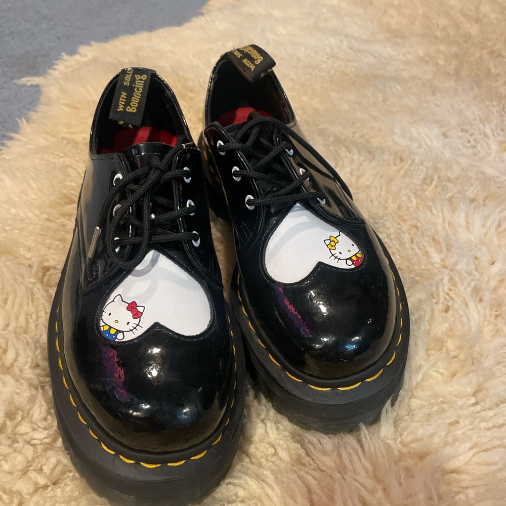 Black Dr. Martens Hello Kitty heart platform shoes